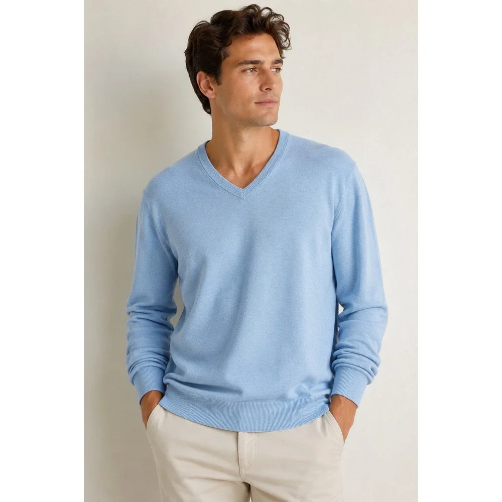 Peter Millar‎ Sweater Mens XL Light Blue Cotton Cashmere Blend V-Neck Luxury